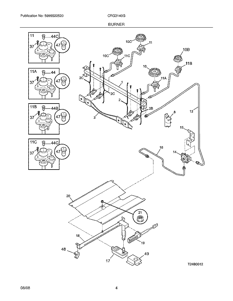 BURNER Diagram and Parts List for  Crosley Range