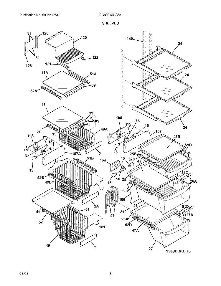 SHELVES Diagram and Parts List for  Electrolux Refrigerator