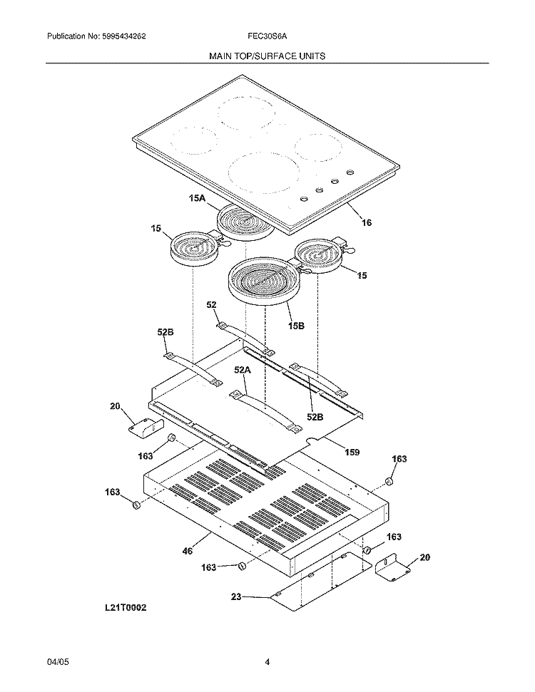 MAINTOP Diagram and Parts List for  Frigidaire Cooktop