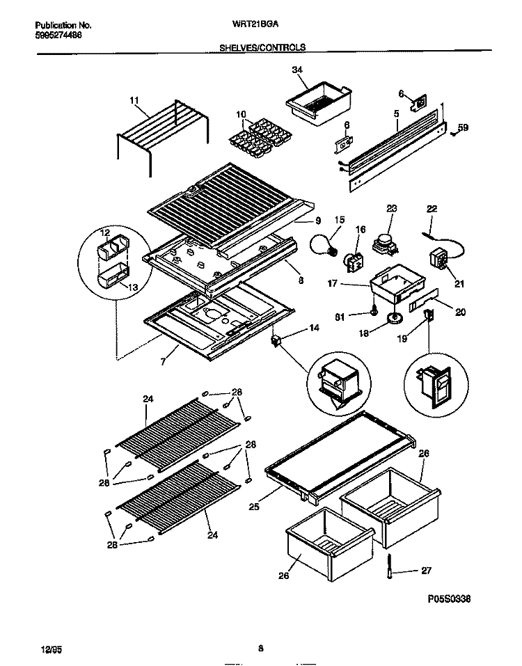 SHELVES / CONTROLS Diagram and Parts List for  Frigidaire Refrigerator