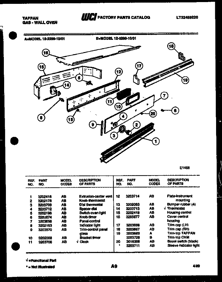 CONTROL PANEL Diagram and Parts List for  Tappan Wall Oven