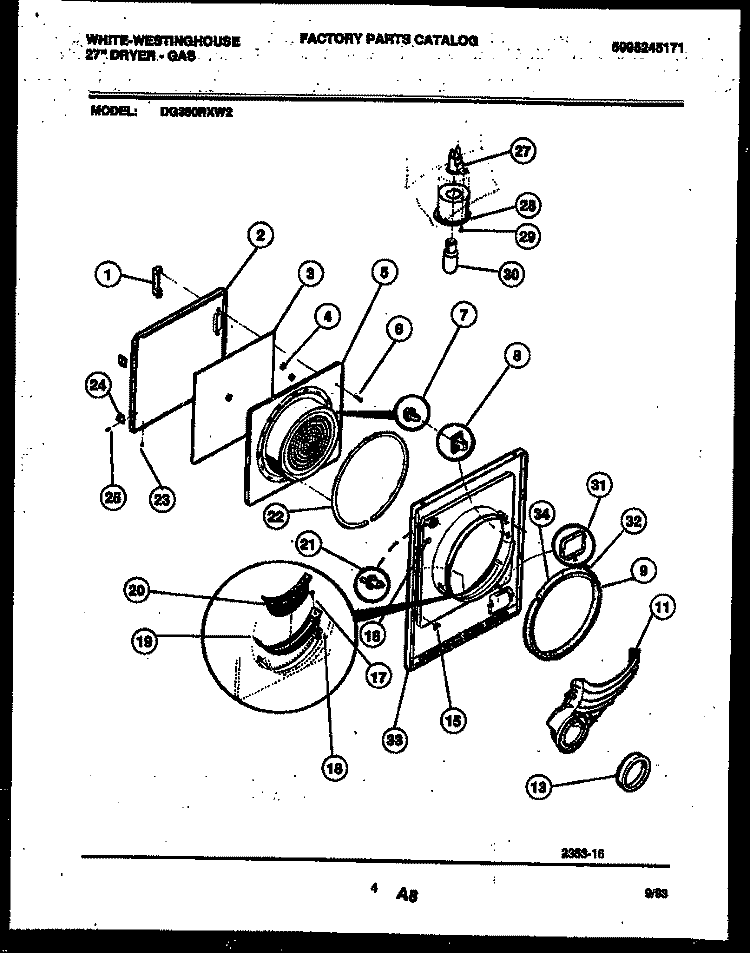 DOOR PARTS Diagram and Parts List for  Frigidaire Dryer