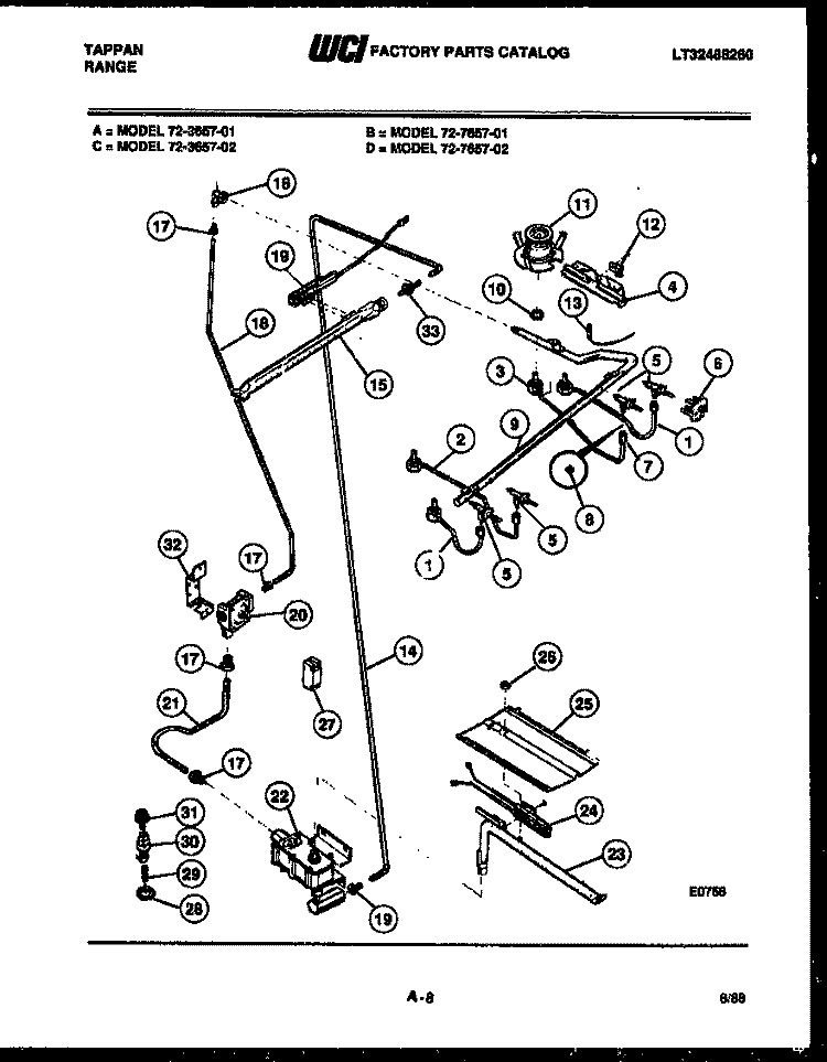 BURNER, MANIFOLD AND GAS CONTROL Diagram and Parts List for  Tappan Range
