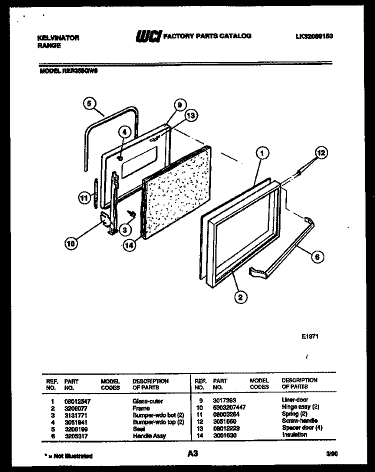DOOR PARTS Diagram and Parts List for RER355GW0  Kelvinator Range