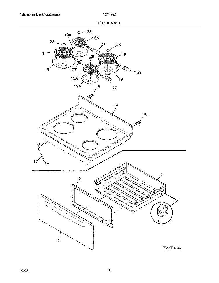 TOP/DRAWER Diagram and Parts List for  Frigidaire Range