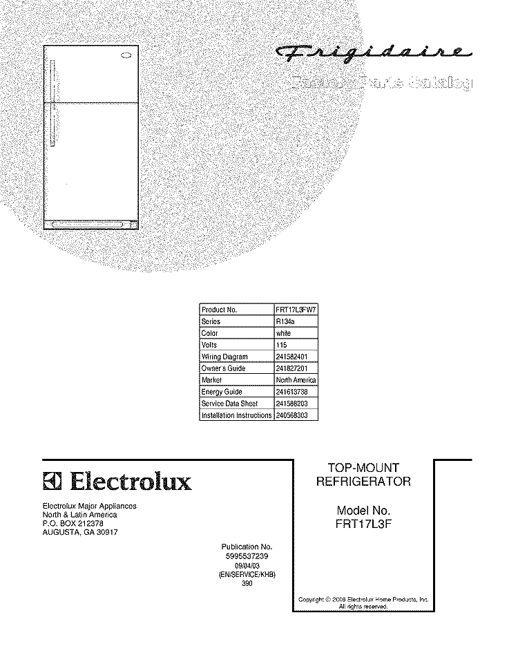 COVER Diagram and Parts List for FRT17L3FW7  Frigidaire Refrigerator