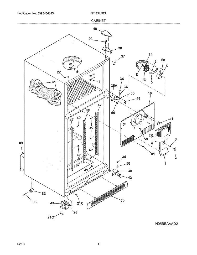 CABINET Diagram and Parts List for  Frigidaire Refrigerator