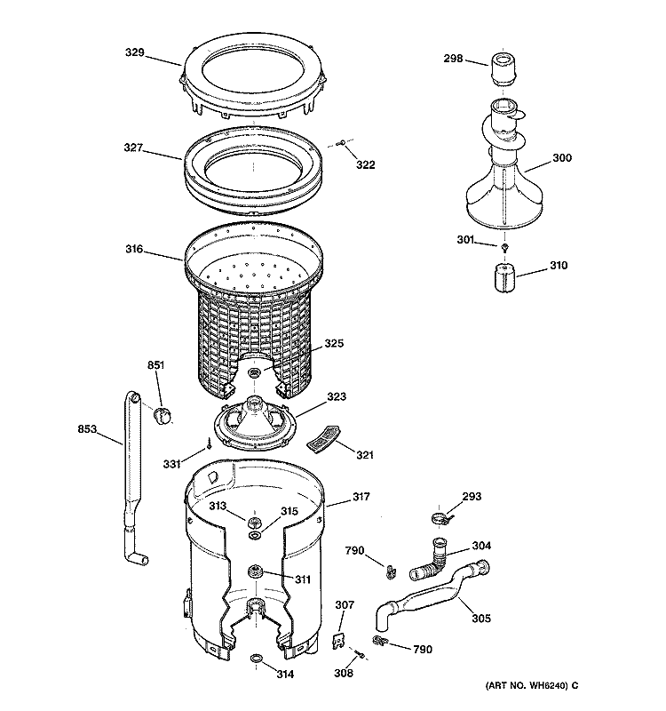 TUB, BASKET & AGITATOR Diagram and Parts List for  General Electric Washer