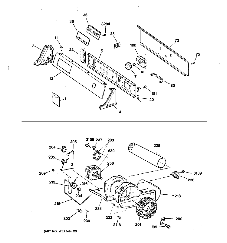 BACKSPLASH, BLOWER & DRIVE ASSEMBLY Diagram and Parts List for  General Electric Dryer