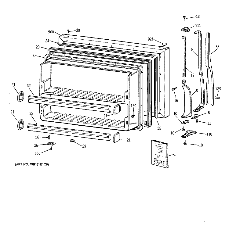 FREEZER DOOR Diagram and Parts List for  General Electric Refrigerator