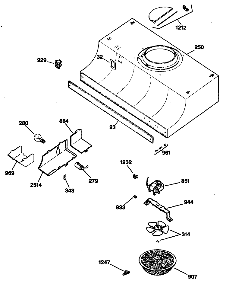 Section Diagram and Parts List for JV625S1AA  General Electric Range Hood