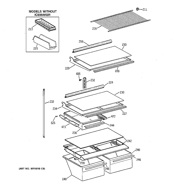 SHELF PARTS Diagram and Parts List for  Hotpoint Refrigerator