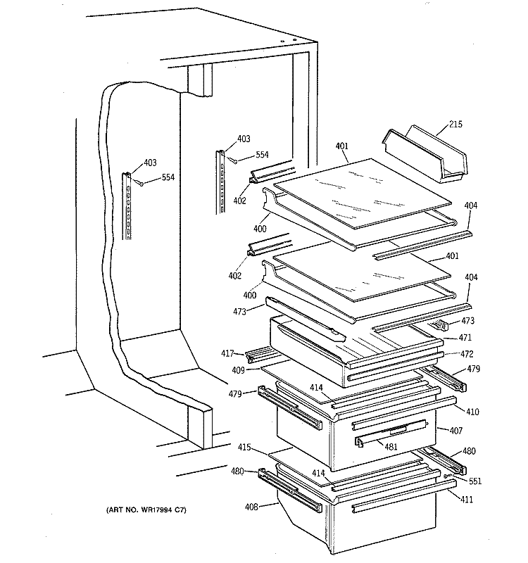 FRESH FOOD SHELVES Diagram and Parts List for MSK27DRXAAA  General Electric Refrigerator