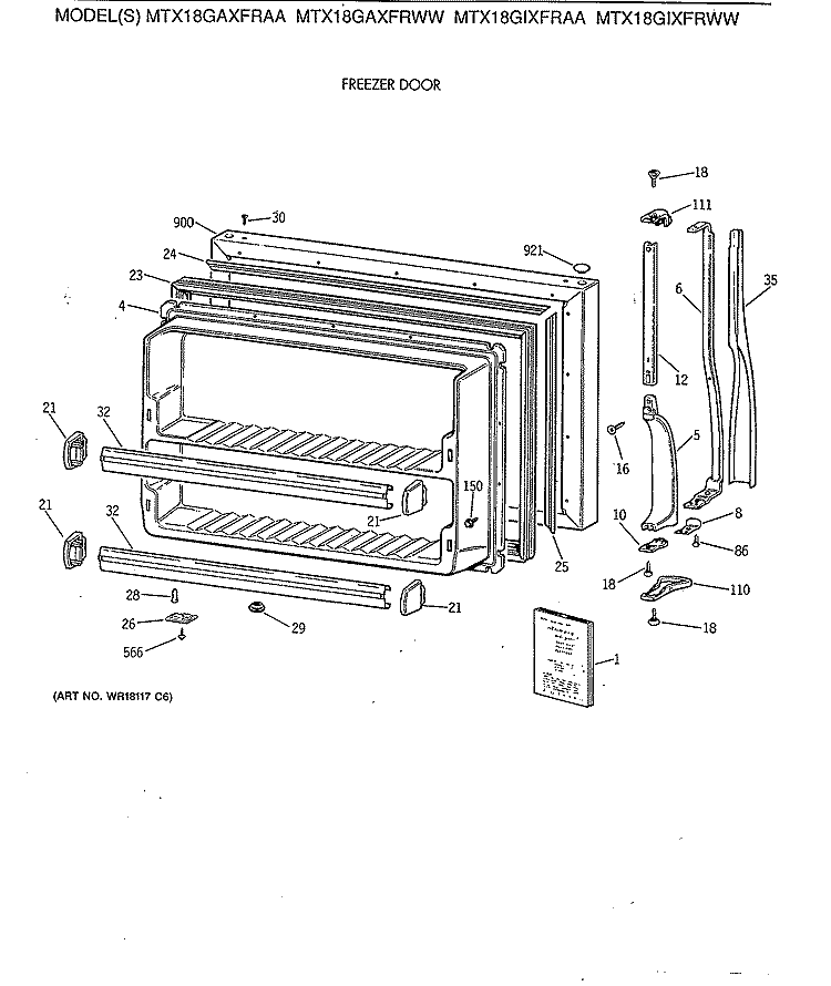 FREEZER DOOR Diagram and Parts List for MTX18GIXFRAA  General Electric Refrigerator