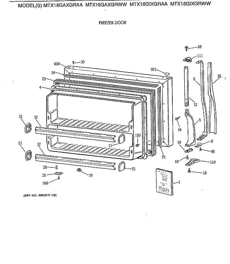 FREEZER DOOR Diagram and Parts List for MTX18GIXGRAA  General Electric Refrigerator