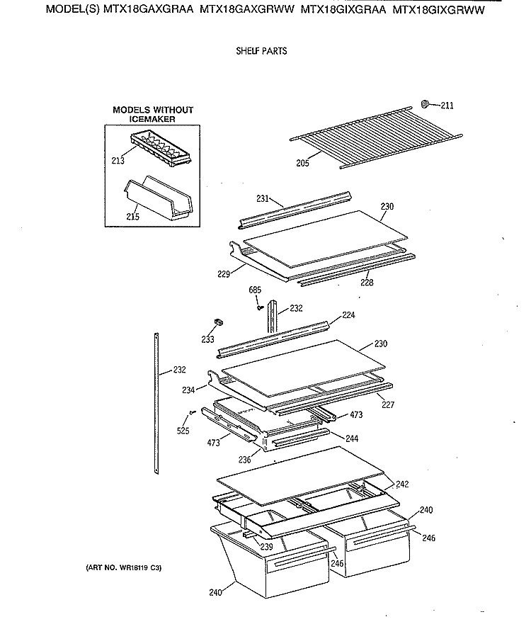 SHELF PARTS Diagram and Parts List for MTX18GIXGRAA  General Electric Refrigerator