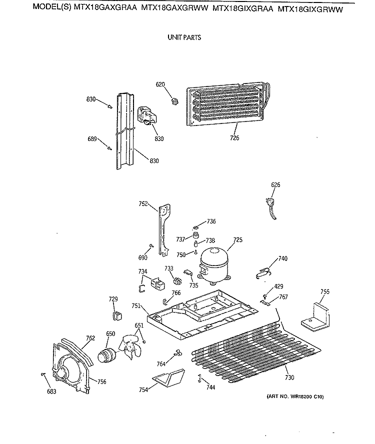 UNIT PARTS Diagram and Parts List for MTX18GIXGRAA  General Electric Refrigerator