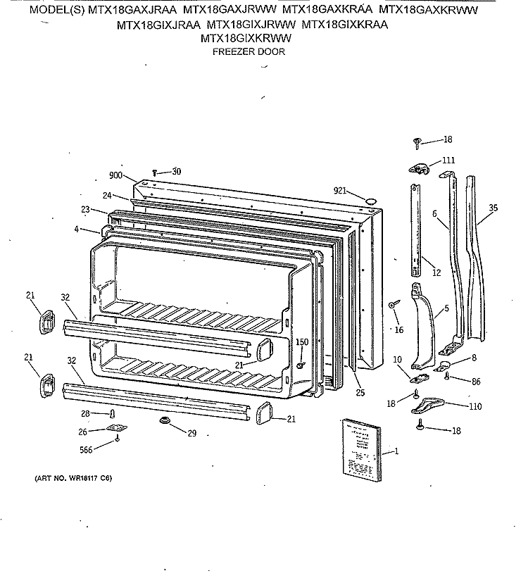 FREEZER DOOR Diagram and Parts List for MTX18GAXJRAA  General Electric Refrigerator