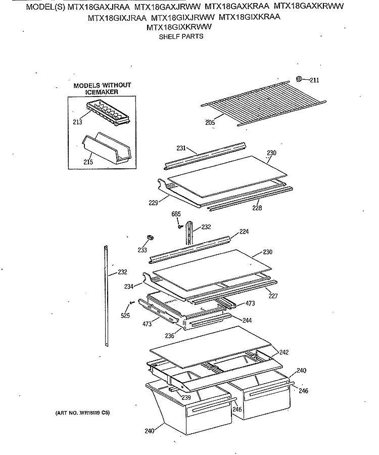SHELF PARTS Diagram and Parts List for MTX18GAXJRAA  General Electric Refrigerator