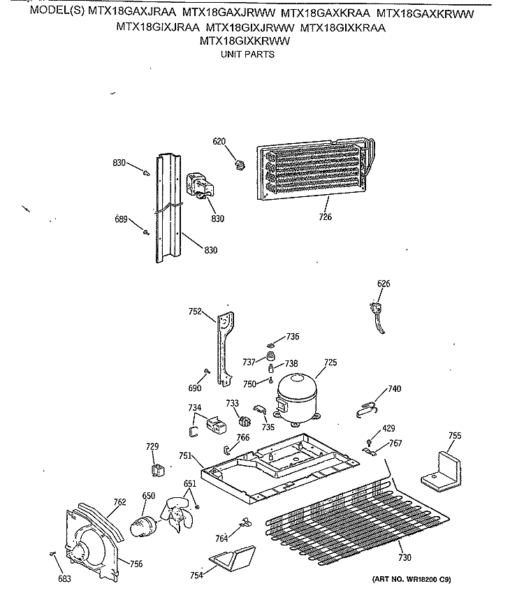UNIT PARTS Diagram and Parts List for MTX18GAXJRAA  General Electric Refrigerator