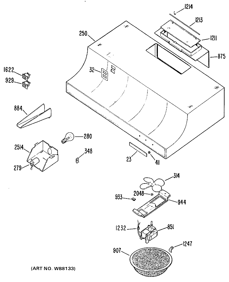 Section Diagram and Parts List for JV332*J2  General Electric Range Hood