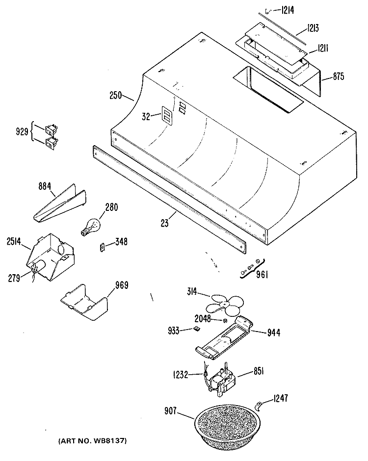 Section Diagram and Parts List for JV334*J1  General Electric Range Hood