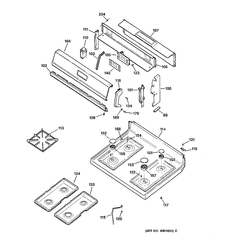 CONTROL PANEL & COOKTOP Diagram and Parts List for  General Electric Range