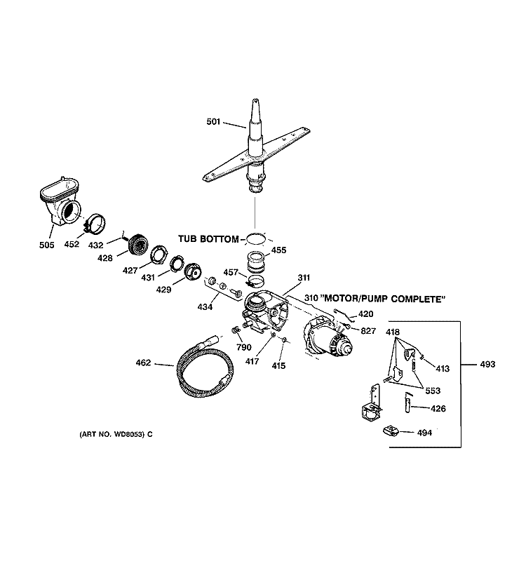 MOTOR - PUMP MECHANISM Diagram and Parts List for  General Electric Dishwasher