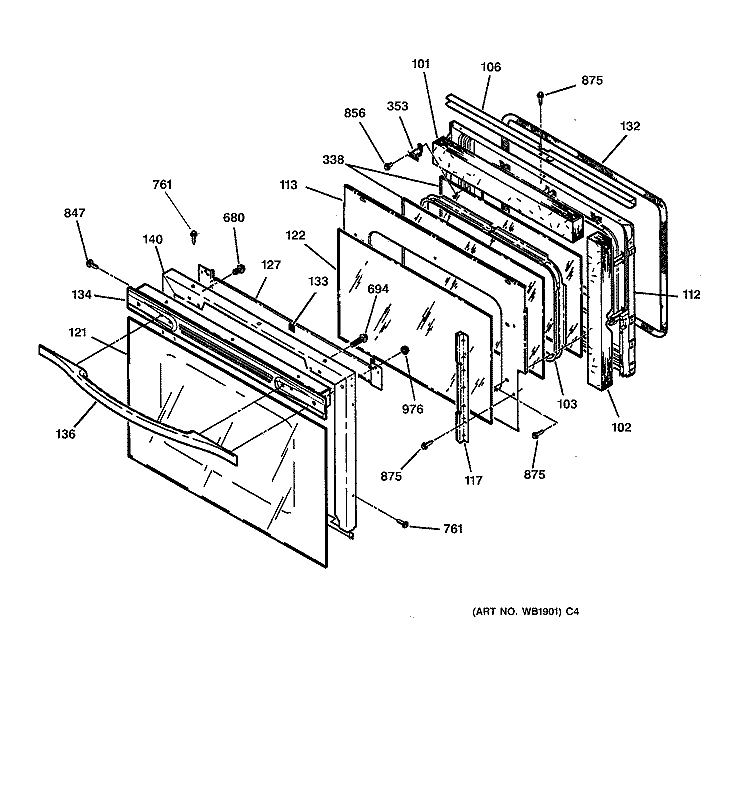 OVEN DOOR Diagram and Parts List for  General Electric Wall Oven