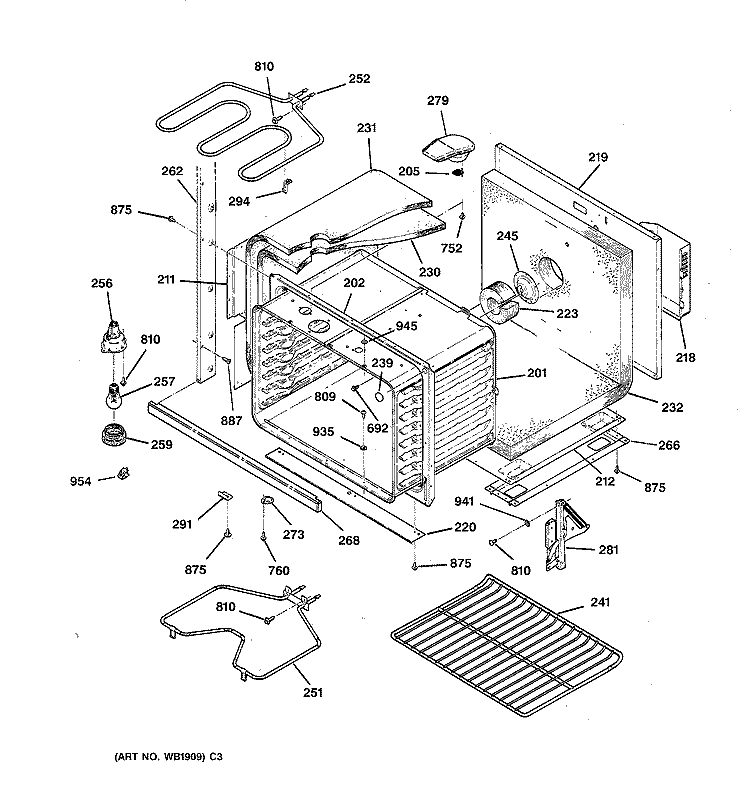 LOWER BODY PARTS Diagram and Parts List for  General Electric Wall Oven
