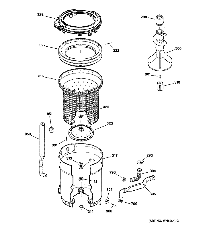 TUB, BASKET & AGITATOR Diagram and Parts List for  General Electric Washer