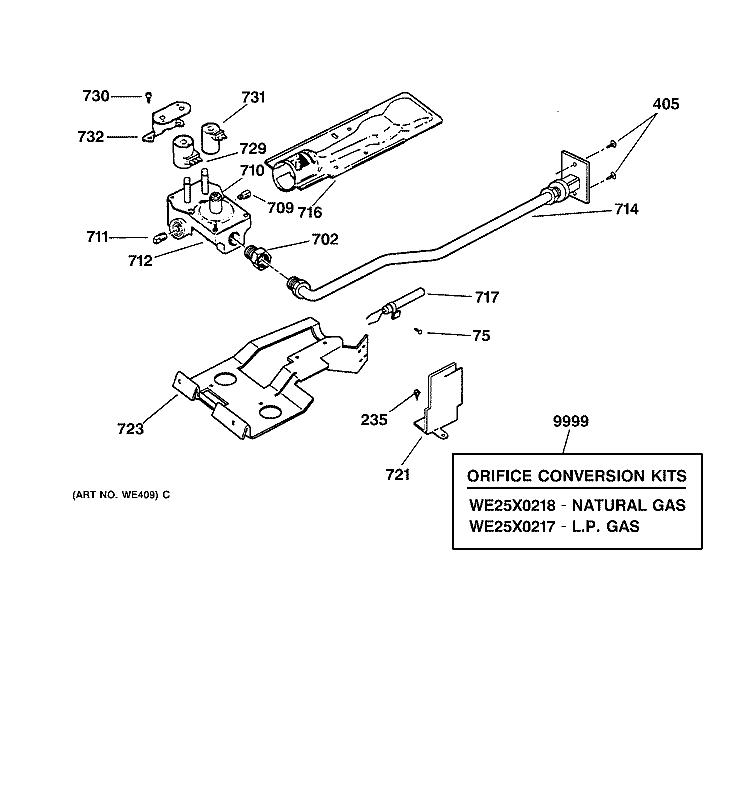 GAS VALVE & BURNER ASSEMBLY Diagram and Parts List for  General Electric Dryer