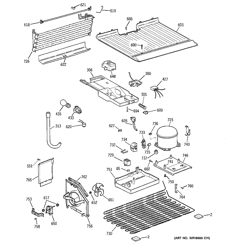 UNIT PARTS Diagram and Parts List for  General Electric Refrigerator