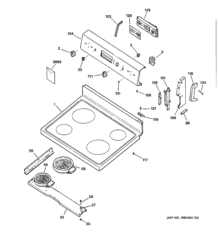CONTROL PANEL & COOKTOP Diagram and Parts List for  Hotpoint Range