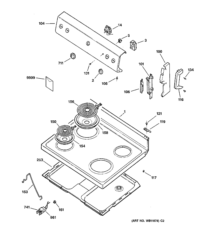 CONTROL PANEL & COOKTOP Diagram and Parts List for  General Electric Range