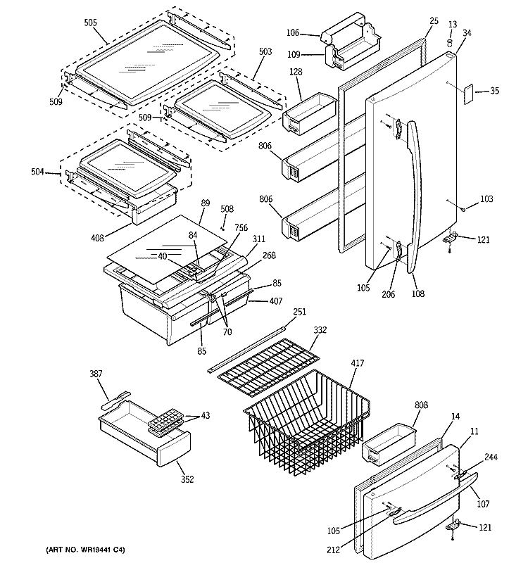 DOORS & SHELVES Diagram and Parts List for  General Electric Refrigerator
