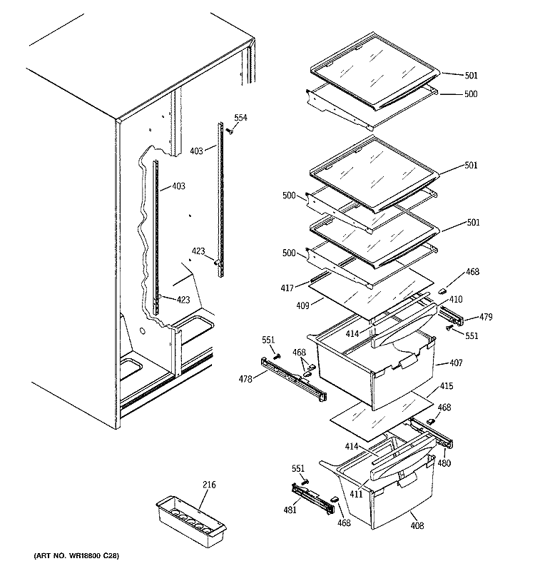 FRESH FOOD SHELVES Diagram and Parts List for  General Electric Refrigerator
