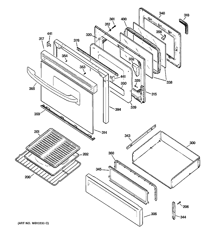 DOOR & DRAWER PARTS Diagram and Parts List for  General Electric Range