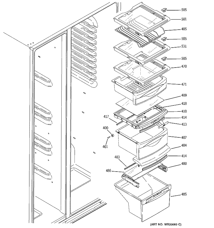 FRESH FOOD SHELVES Diagram and Parts List for  General Electric Refrigerator