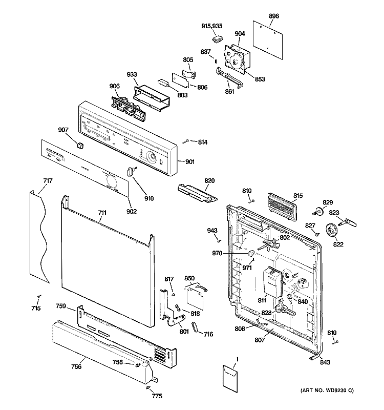 ESCUTCHEON & DOOR ASSEMBLY Diagram and Parts List for  Hotpoint Dishwasher