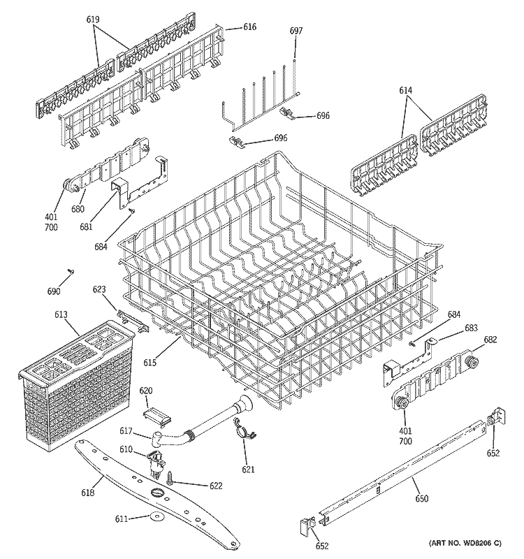 UPPER RACK ASSEMBLY Diagram and Parts List for  General Electric Dishwasher