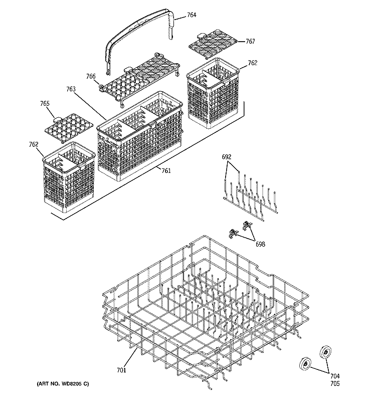 LOWER RACK ASSEMBLY Diagram and Parts List for  General Electric Dishwasher