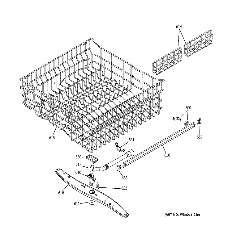 UPPER RACK ASSEMBLY Diagram and Parts List for  General Electric Dishwasher