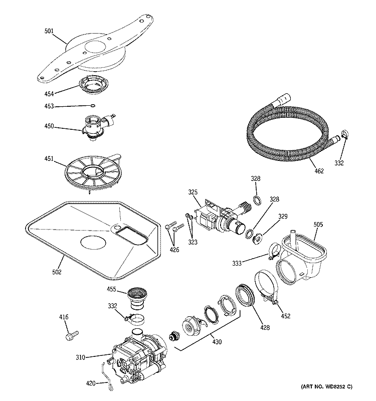 MOTOR - PUMP MECHANISM Diagram and Parts List for  General Electric Dishwasher