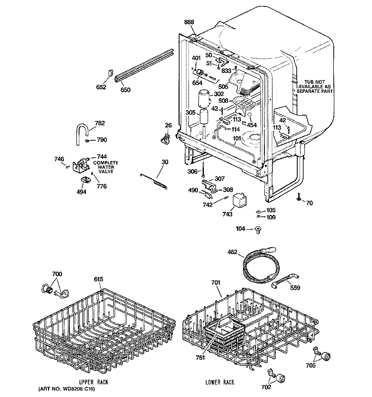 BODY PARTS Diagram and Parts List for  General Electric Dishwasher