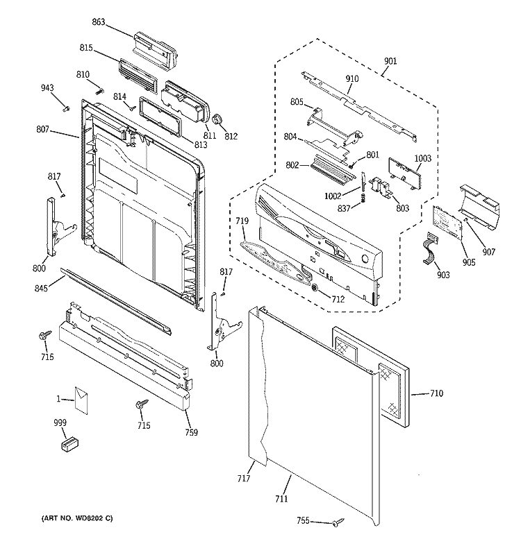ESCUTCHEON & DOOR ASSEMBLY Diagram and Parts List for  General Electric Dishwasher