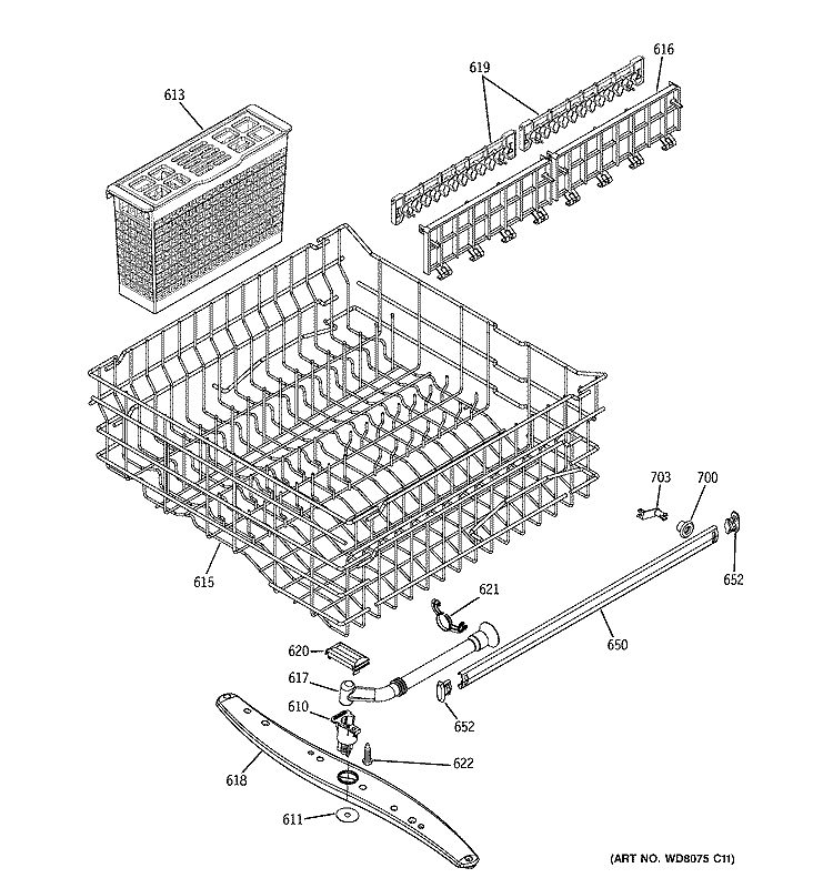 UPPER RACK ASSEMBLY Diagram and Parts List for  General Electric Dishwasher