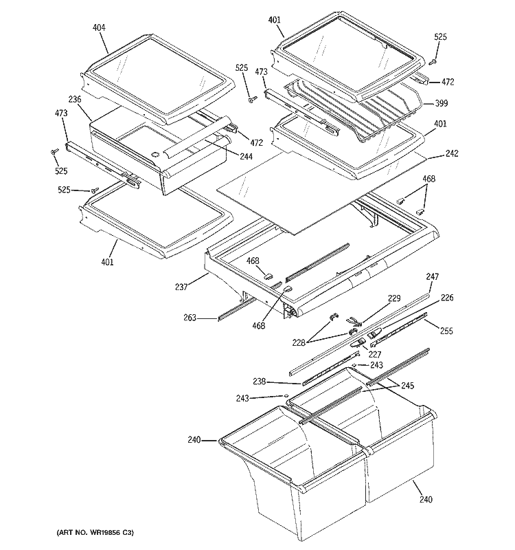 FRESH FOOD SHELVES Diagram and Parts List for  General Electric Refrigerator