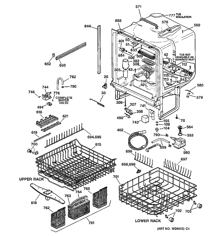 BODY PARTS Diagram and Parts List for  General Electric Dishwasher
