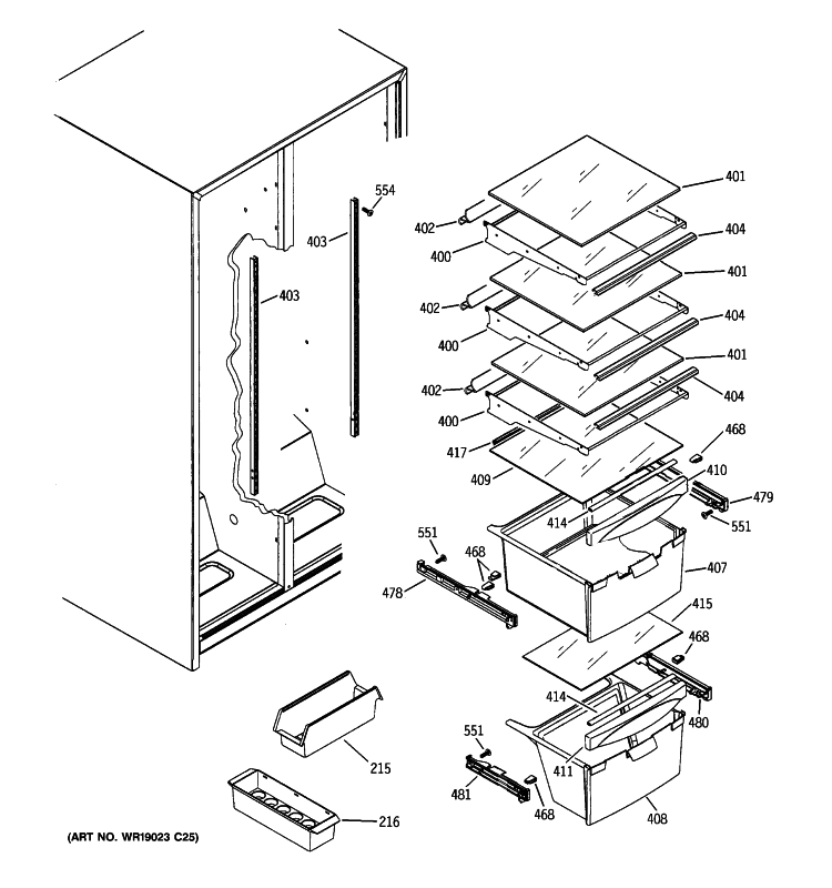 FRESH FOOD SHELVES Diagram and Parts List for  General Electric Refrigerator